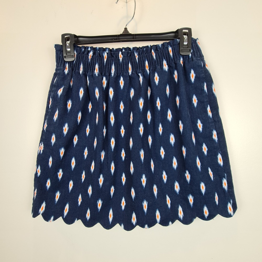 J.Crew Navy Blue Ikat Diamond Scalloped Hem Linen Blend Mini‎ Skirt Size 4